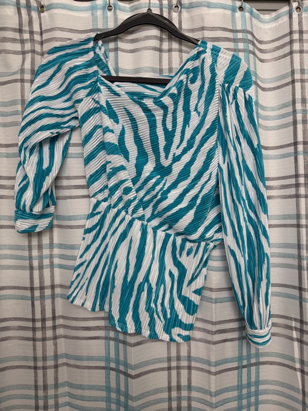 Teal Zebra-Print Asymmetric Wrap Blouse